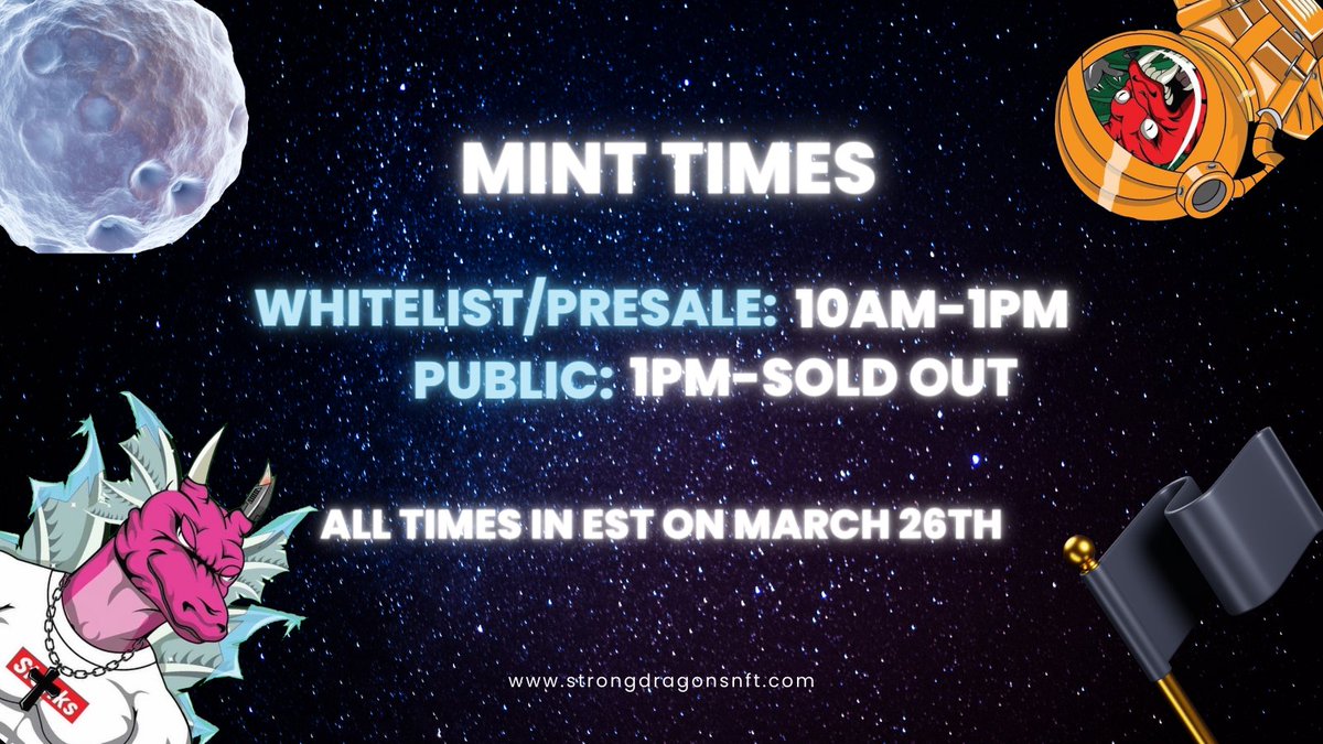 strongdragonnft's tweet image. OUR WHITELIST MINT START AT THESE TIMES!!

10:00 AM EST-1PM EST IS WL ONLY!! 

OUR TOTAL SUPPLY COULD SELL OUT FROM ONLY WHITELIST MINTERS!!

IF WE HAVE A PUBLIC SALE IT WILL START AT 1 PM!!

RT/LIKE/REPLY IF YOU STILL NEED WL

DLAT 🐉🐲