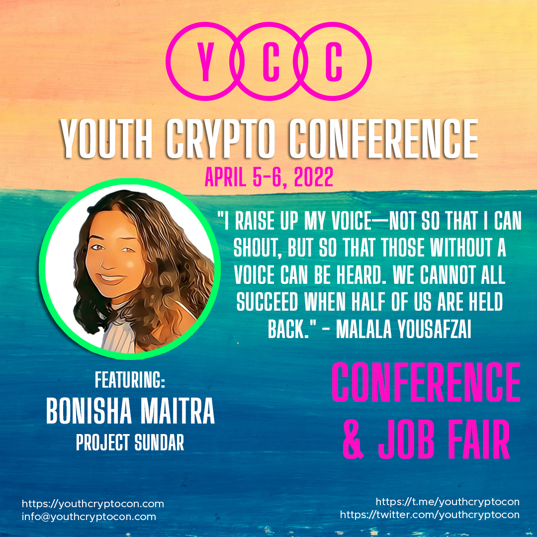 ycc2222's tweet photo. In two weeks Youth Crypto Conference 2022 kicks off in Miami🚀

Meet one of our panelists❤️

Bonisha Maitra
Founder @ Project Sundar | Innovator @ TKS | IoT + Blockchain Enthusiast 

Visit https://t.co/uJvfAxC6Ns for more information.

#youthcryptocon
#cryptoeducatorssummit https://t.co/MDWcI2DESc