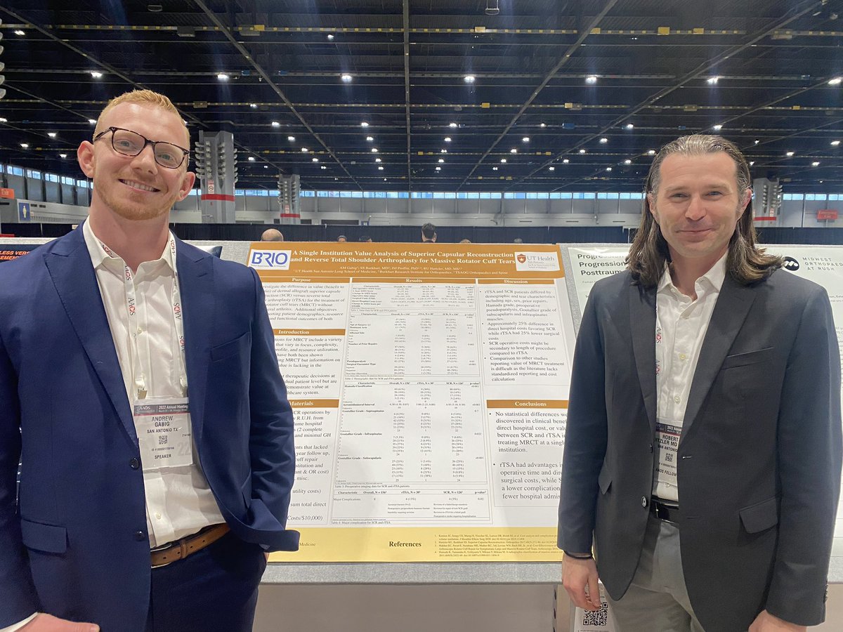 Congrats to @TheLongSOM student Andrew Gabig on his 2022 @AAOS1 poster presentation. Andrew worked with @TSAOG_Ortho Shoulder and Upper Extremity Surgeon @DrRobHartzler on a value analysis comparing SCR to rTSA outcomes as part of Andrew’s research rotation with @BRIO_Research.