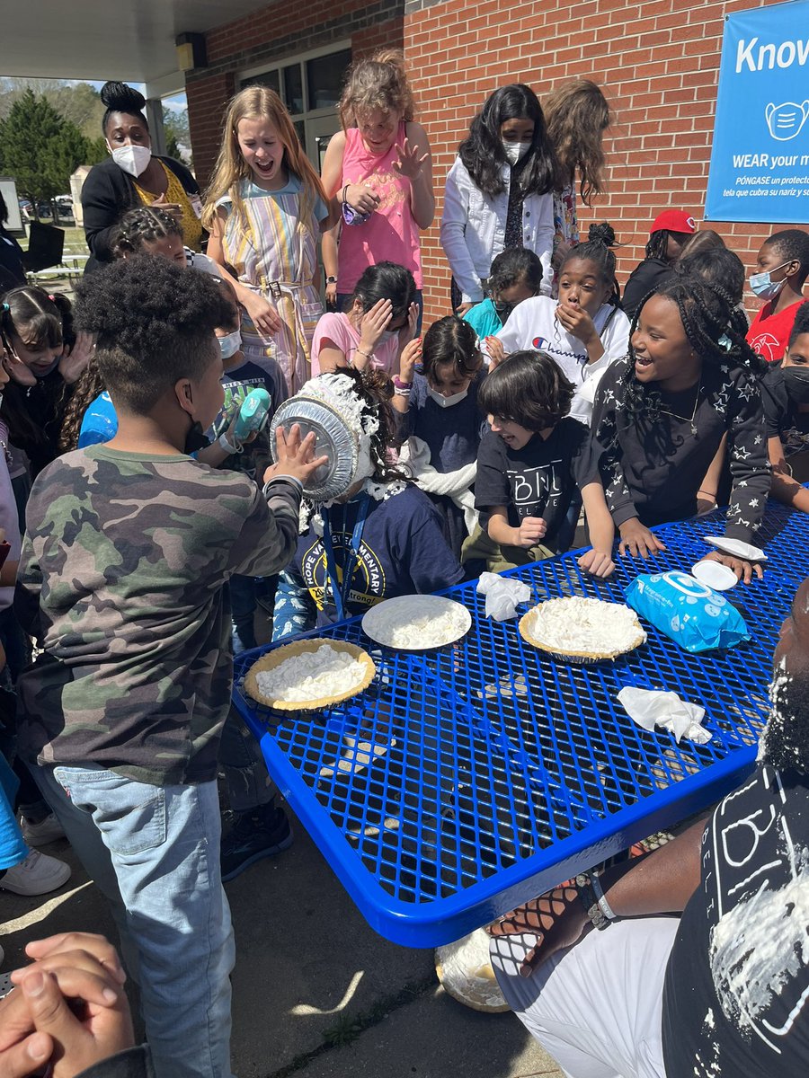 Kim__Petersen's tweet photo. What a better way to start spring break than getting to pie your teachers (and principal) in the face for making so much growth on the Q3 CDAs?! Love this 4th grade team!! @HopeValleyDPS @ApWhitaker @drstacydstewart @hannaeducates https://t.co/JKvQFaGr61