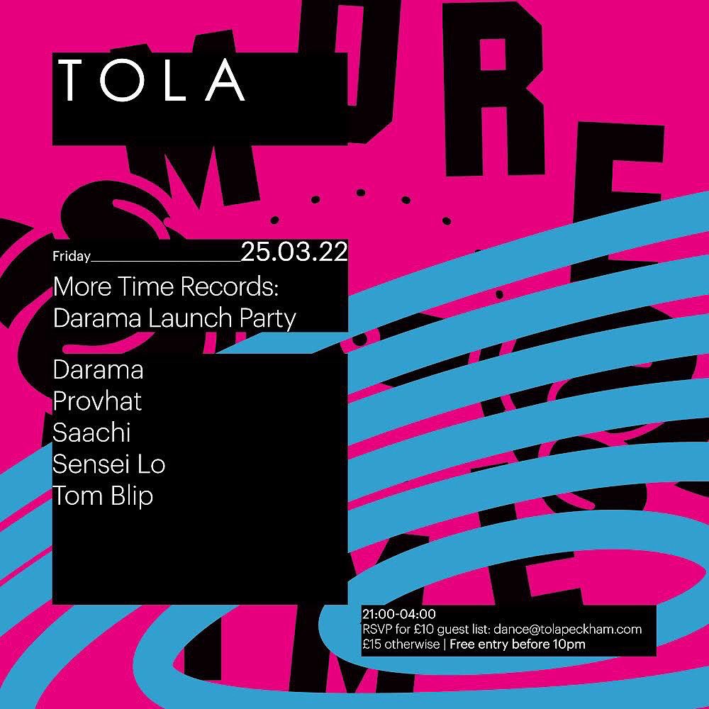 Join us tonight at Tola Peckham to celebrate the Darama’s release alongside <a href="/provhat_r/">Provhat</a> Saachi <a href="/SenseiLo/">PRISIMS</a> <a href="/tomblip/">tom blip</a> + a special warm up set from <a href="/ahadadream/">AHADADREAM</a> &amp; @sam_interface so make sure to get down early 🔥

RSVP Here: bit.ly/TOLA_Q1 🎉