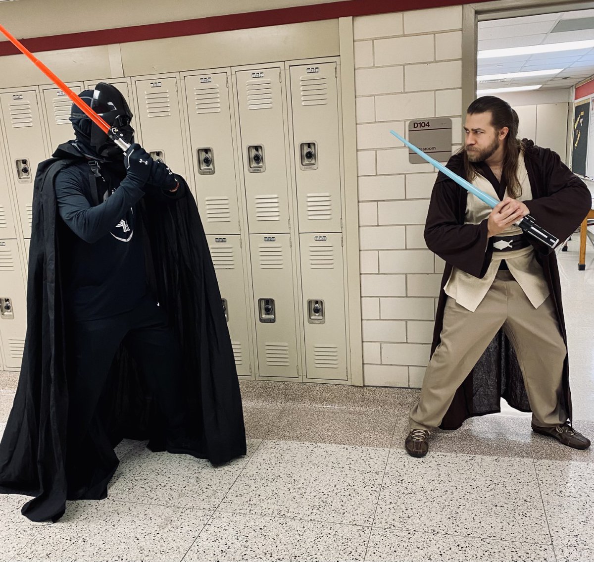 PasadenaISD_TX's tweet photo. Darth Vader (Mr. Smith) and Qui-Gon Jinn (Mr. Brady) battling it out to keep @SHHSTrojans Vape Free! 👏
#VapingPreventionWeek https://t.co/UD0i55EPg8