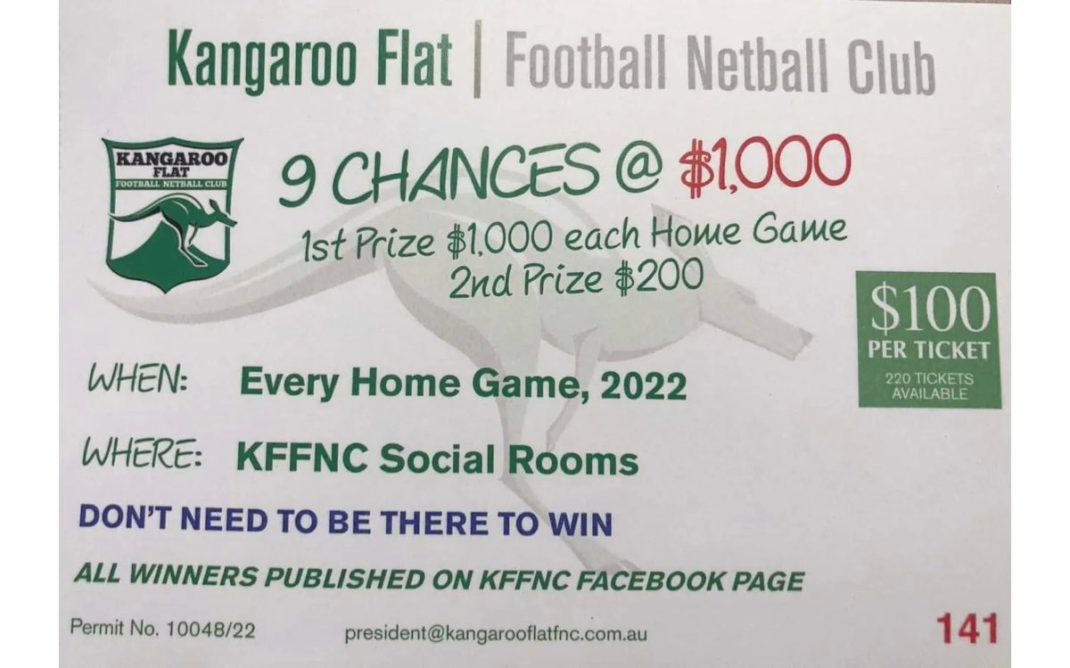 9 chances at winning $1000, drawn at every home game! 
Each draw we will draw out a 2nd ticket for the chance at a $200 prize.
Winners will be announced at the clubrooms and advertised via social media. 
text on 0419 312 921 or
Buy online here buff.ly/3JJD6aN