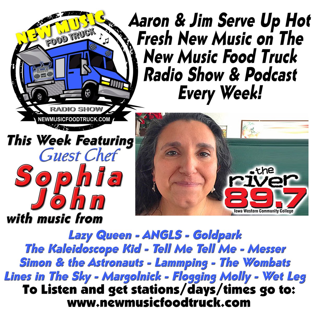 🧑‍🍳Guest Chef <a href="/897theriver/">897TheRiver</a>'s Sophia John's pick of New Fresh music🎶is on #NMFT🚐  w/<a href="/thek_scopekid/">The Kaleidoscope Kid</a> <a href="/MesserBand/">MESSER</a> <a href="/linesinthesky/">Lines In the Sky</a> <a href="/lammping/">Lammping</a> <a href="/LazyQueenBand/">Lazy Queen</a> <a href="/Goldparkmusic/">Goldpark</a> <a href="/TellMeTellMe___/">Tell Me Tell Me</a> <a href="/Margolnick/">Margolnick</a> <a href="/floggingmolly/">Flogging Molly</a> <a href="/wetlegband/">Wet Leg</a> <a href="/ANGLS_band/">ANGLS band</a> 
 FMI: newmusicfoodtruck.com #SNRTG 
Pls❤️RT