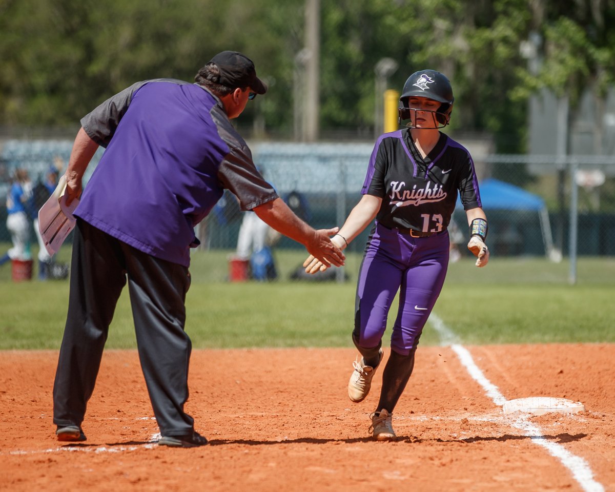 rrhsknights's tweet photo. Your @RRHSKnightsSB followed up a 12-11 win over NC with a 13-0 win over Crystal River to go 2-0 on day 1 of Leopard Slam. A few images from game 1 - Sophie Johnson congrats by Coach Goluba after HR1, a force out at home, a celebration behind coach Blankenship, and the final out https://t.co/SajJTtiNHX