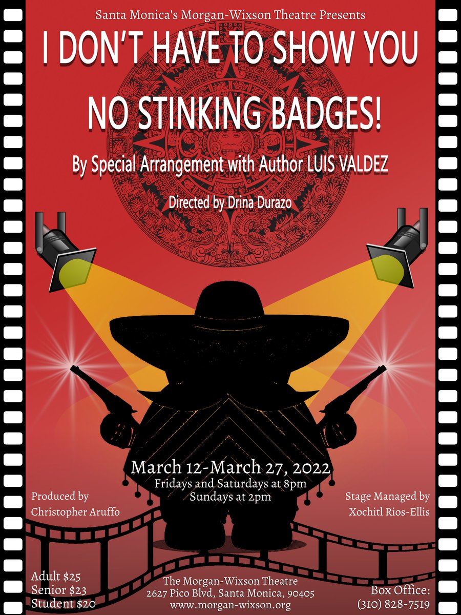Don't forget, tickets are 2 for 1 tonight!! 
We won't ask you for Badges, but we will need to see your vax card ;)
#badges #stinkingbadges #lathtr #latheatre #santamonicatheatre #luisvaldez #latinxtheatre #latinxthtr #latinxartist #latinx #family #breakingstereotypes #actorlife