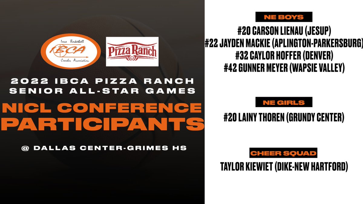 NICLConference's tweet photo. Best of luck to 6 great kids in action tomorrow!

🏀 @IowaBCA @PizzaRanch Senior All-Star Games
📅 Sat. March 26th
🏟️ DCG HS
📍 Grimes
⏰ 10:15 AM - NE/SW Girls
11:30 AM - NE/SW Boys
ℹ️ https://t.co/R4PYhY3jG3
💻 Consolations &amp; Championships https://t.co/TqbYvYNuCg
#NICL #iahsbkb https://t.co/ND26opTgp2