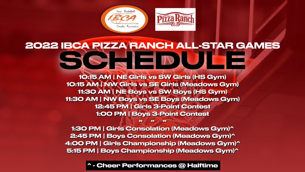Best of luck to 6 great kids in action tomorrow!

🏀 <a href="/IowaBCA/">IowaBCA</a> <a href="/PizzaRanch/">Pizza Ranch</a> Senior All-Star Games
📅 Sat. March 26th
🏟️ DCG HS
📍 Grimes
⏰ 10:15 AM - NE/SW Girls
11:30 AM - NE/SW Boys
ℹ️ ia.nhsbca.org/pizza-ranch-al…
💻 Consolations &amp; Championships DCGTV.com
#NICL #iahsbkb
