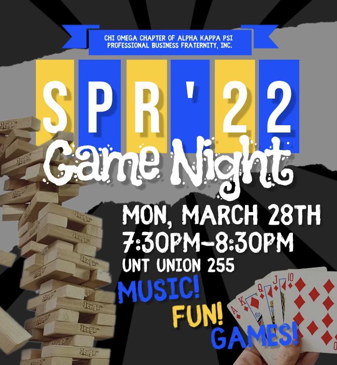 Join us for a night filled with music, fun, &amp; games!! 👾🧩🃏

📆Monday, March 28
⏰7:30pm-8:30pm
📍UNT Union 255

See y’all there! 💙💛