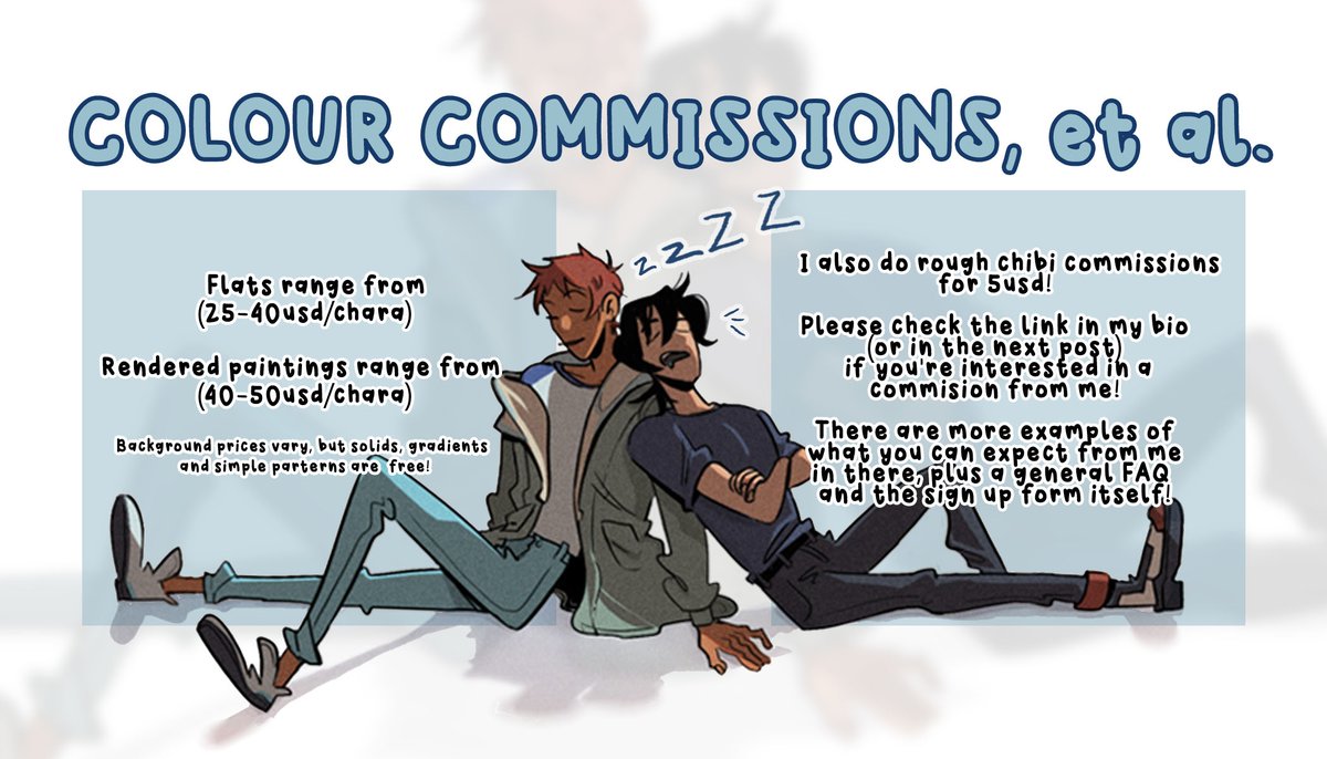 hiya! my commissions are open! hmu if you'd like something drawn :D (link in the next post)
Likes and RTs are appreciated! 