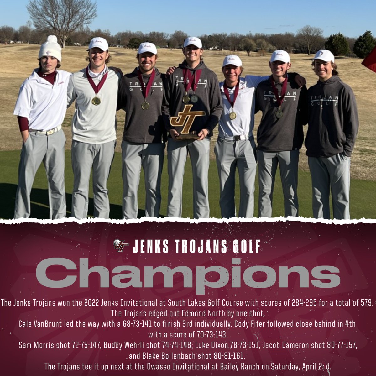 The Jenks Trojans won the 2022 Jenks Invitational at South Lakes Golf Course with scores of 284-295 for a total of 579. 
The Trojans tee it up next at the Owasso Invitational at Bailey Ranch on Saturday, April 2nd. #Culture #Legacy #PERFECT #ChampionshipMindset