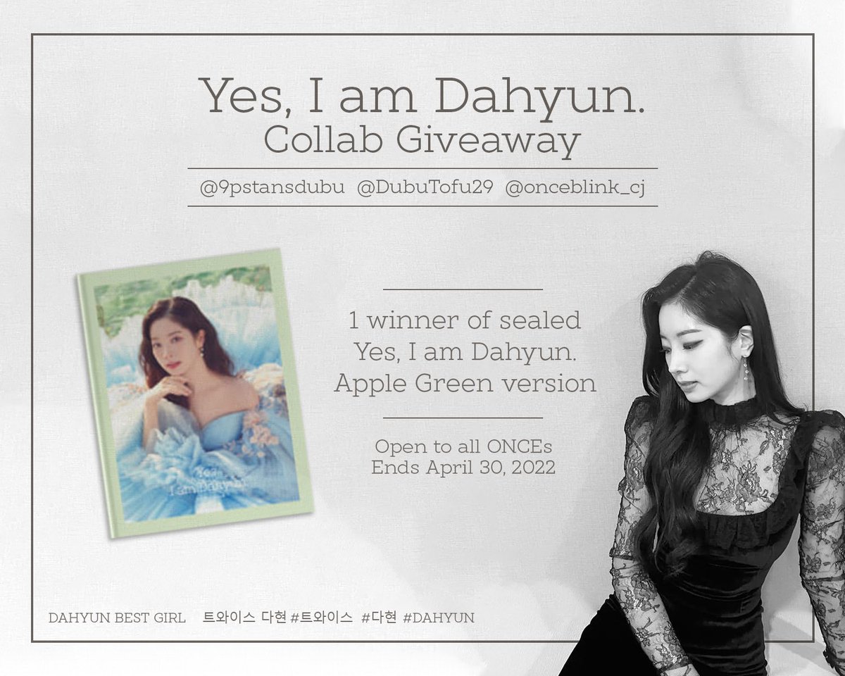 9Pdampy9136's tweet image. ✨ PH ONLY ✨

Yes I am Dahyun COLLAB GA

- follow @DubuTofu29 &amp;amp; @onceblink_cj 
- RT, reply ur fav Dahyun pic + Dahyun’s tag 
- set your own limit
- random picker winner

🏷 
DAHYUN BEST GIRL
트와이스 다현 #트와이스   #다현 #DAHYUN @JYPETWICE #TWICE
