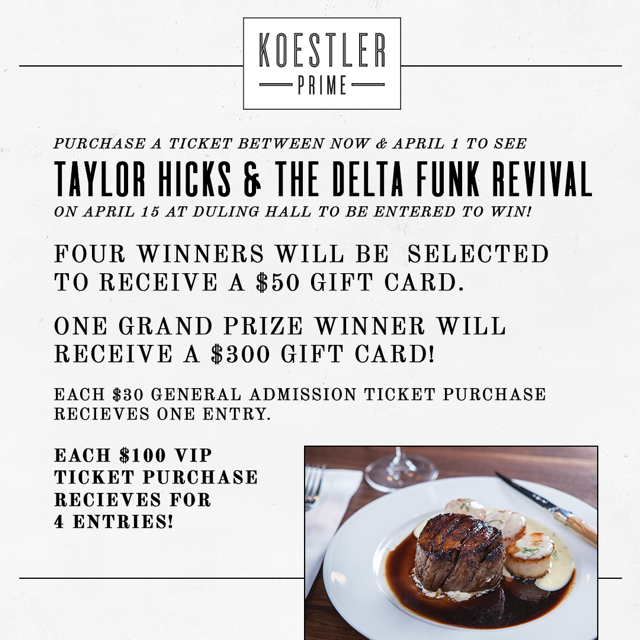 BankPlus presents @taylorhicksofficial &amp; the Delta Funk Revival on April 15 @ Duling Hall. All proceeds benefit @friendsofch_ms! A purchased ticket enters you for a chance to win a @koestlerprime gift card up to $300! Follow the link to purchase a ticket: bit.ly/3qzxj02