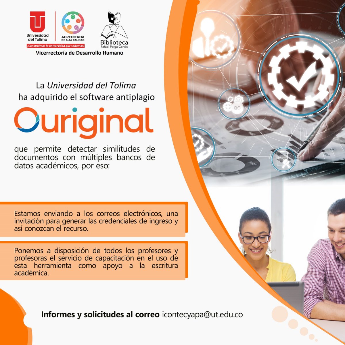 Uni_Tolima's tweet photo. #LaUTinforma | Te contamos que la Universidad del Tolima ha adquirido un nuevo software antiplagio: Ouriginal. Este permite detectar similitudes de documentos con múltiples bancos de datos académicos. https://t.co/s98T0RyPie