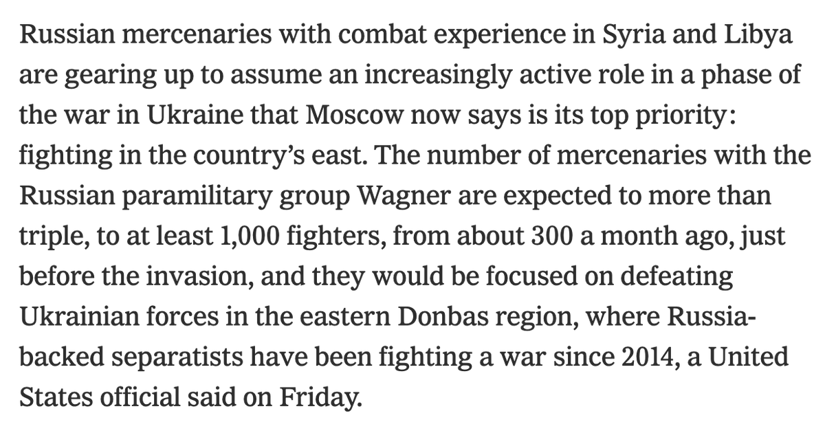 PhilipGrant40's tweet photo. #Wagner group, the #Russian🇷🇺 mercenary company, increasing its fighting presence in #Ukraine🇺🇦  according to @nytimes. 
At least 1,000 fighters are expected to intervene.
If they commit #warcrimes, like they have elsewhere, Wagner’s head, Yevgeny Prigozhin, should be prosecuted. https://t.co/gKSkvVhvRl