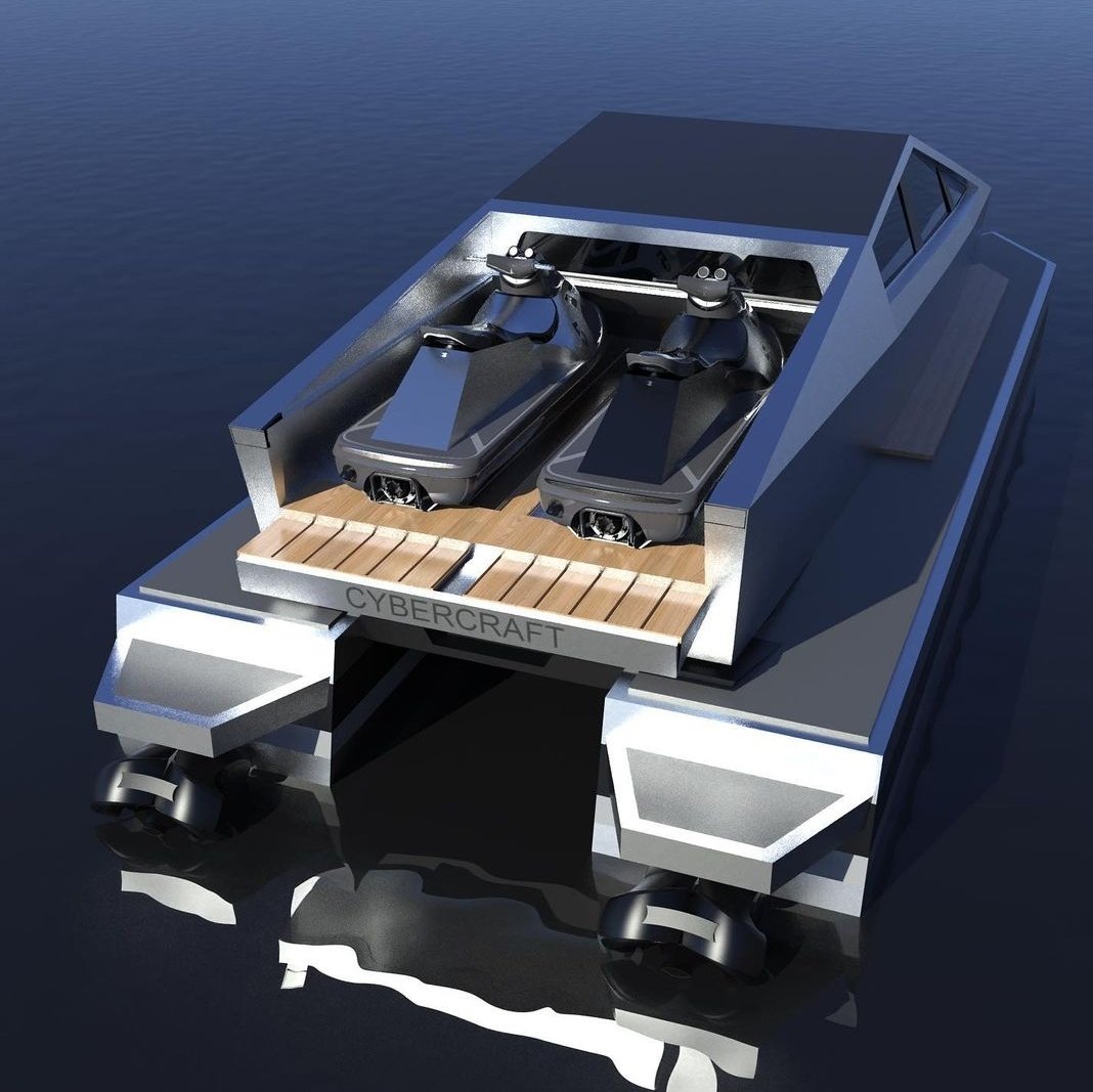 NavLgg's tweet photo. Así sería, según @FloatingMotors, un #TeslaBoat inspirado en el #CyberTruck de @Tesla https://t.co/qhYdlm4l71 https://t.co/YfiUNPzHbP