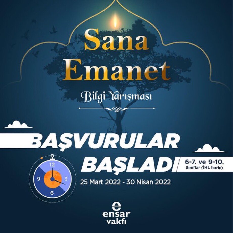 Beklenen an geldi. 👀 Ödüllü “Sana Emanet Bilgi Yarışması” başlıyor! 🥳

Ben de Hz. Peygamberimizin hayatını okumak, O’nu yakından tanımak ve arkadaşlarımla yarışmak istiyorum diyorsan başvuru formunu doldurup aramıza katılabilirsin. 😇

🔗 Başvuru: sanaemanet.org
