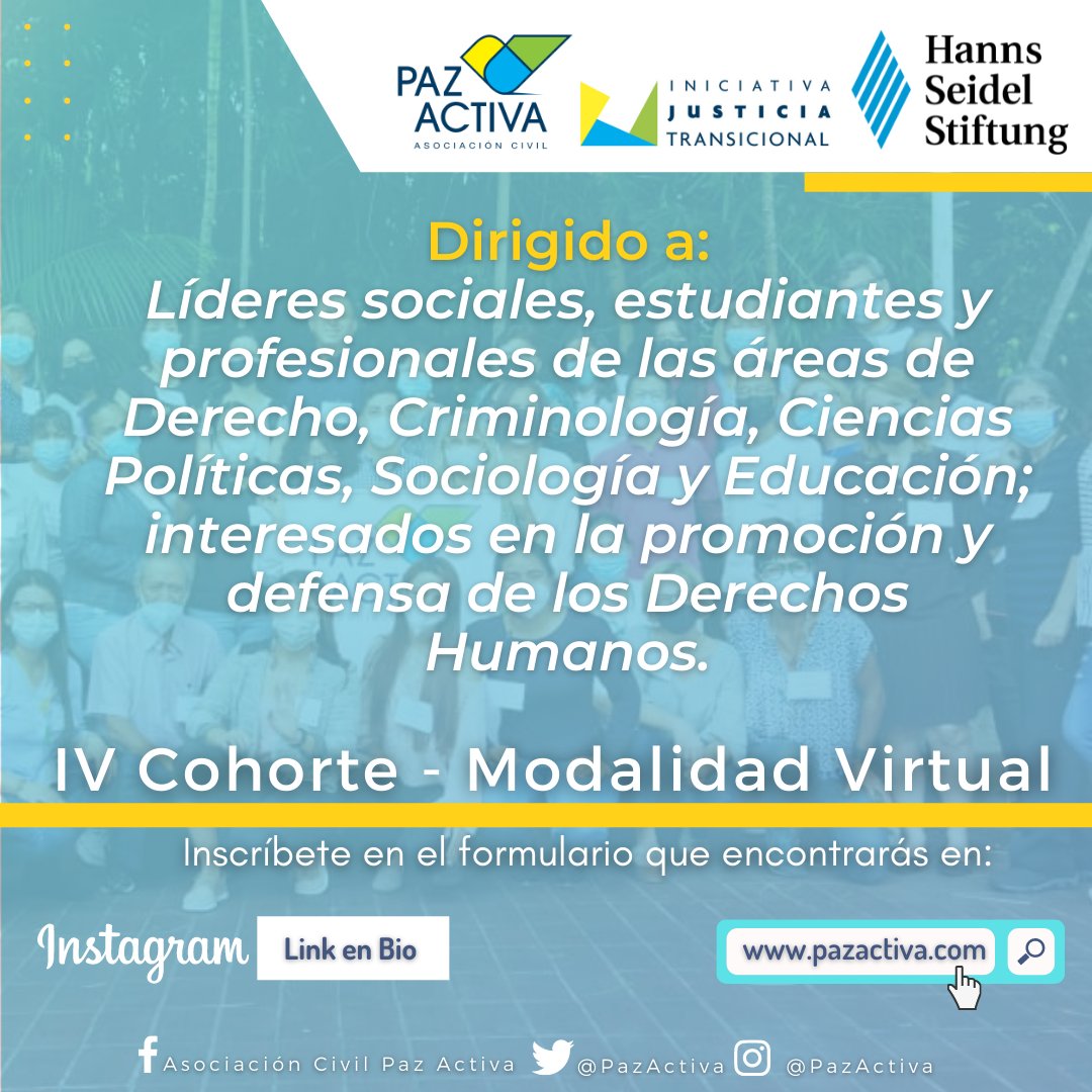 PazActiva's tweet photo. Recuerda inscribirte y participar en el diplomado "Pedagogía de la Democracia, Justicia Transicional y Derechos Humanos"

Link de inscripción https://t.co/7ePdEOqRTx

Para mayor información consullta nuestro Instagram @pazactiva

Te esperamos!!

#25Mar  #DDHH #Democracia https://t.co/IQGusHAQAB