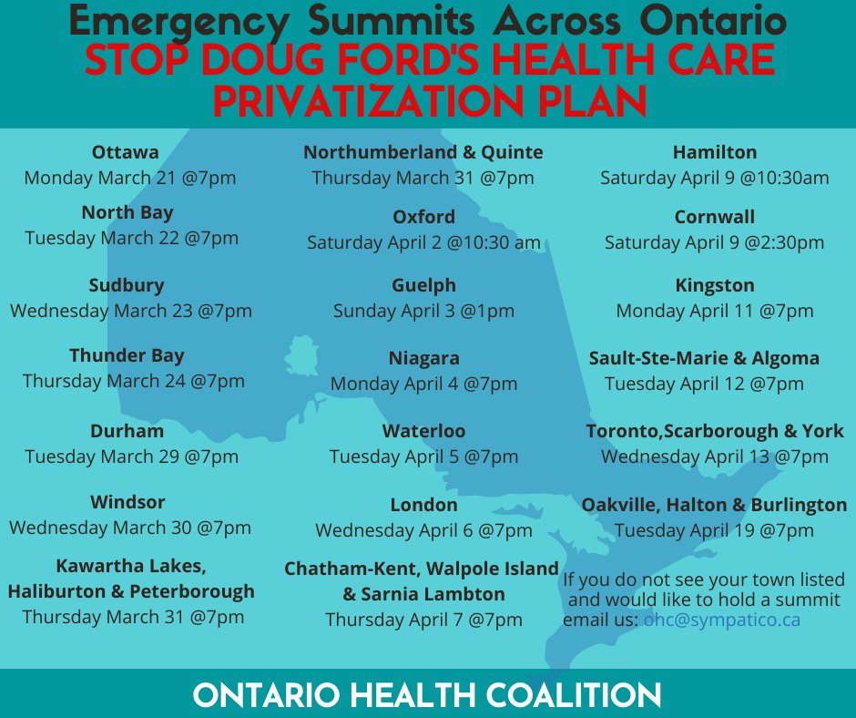 ontarionurses's tweet photo. We can’t let Doug Ford privatize Ontario’s health care. We need to fight for a fully-funded public health-care system for all. RSVP to the @OntarioHealthC Health Privatization Summit in your area to learn more &amp; join the fight to defend public health care. https://t.co/lN9pmZkXEc https://t.co/EpefH7m99i