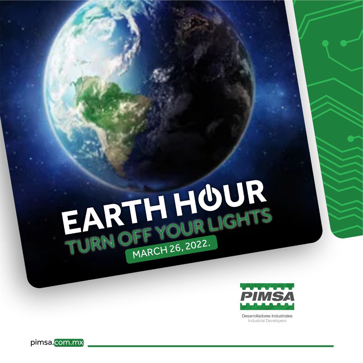 🌎 Every year, millions of people around the world show their support for our planet by raising awareness about nature loss and climate change.

  #PIMSA´s main offices will join the #EarthHour by switching off the exterior lights from 8:30 p.m. to 9:30 p.m. 
  #GreenCompany