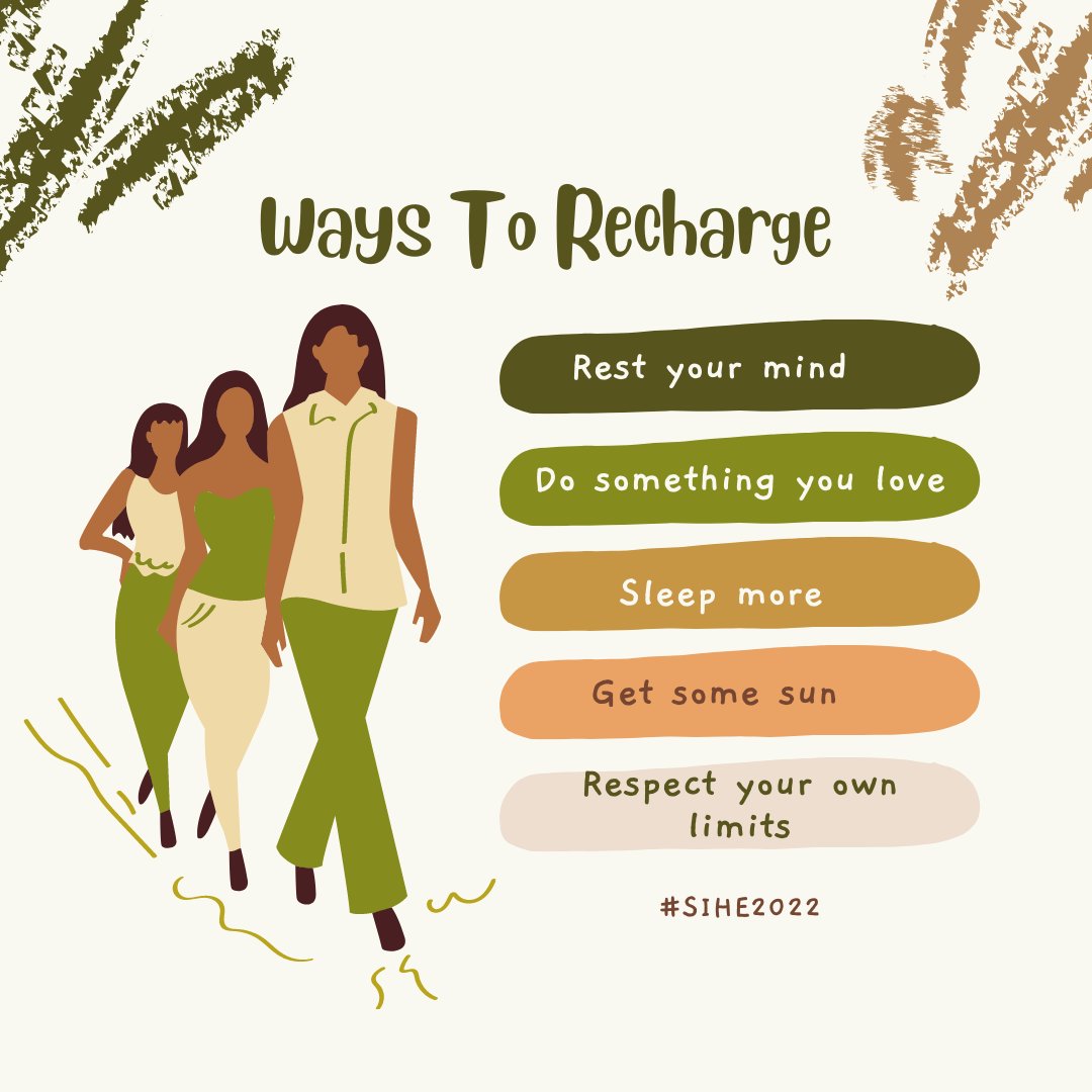 SIHE2020's tweet photo. Now that you are about to get off, take time to plan your weekend self-care! What do you do to relax before your week starts again? #SIHE2022 https://t.co/lFNdGU7sIZ