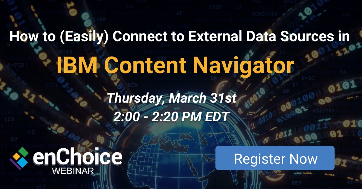 enchoice's tweet image. Learn how searching for & adding new content into @IBM #FileNet can be greatly improved when leveraging external data sources using an accelerator! ow.ly/tNqP50IsHmX