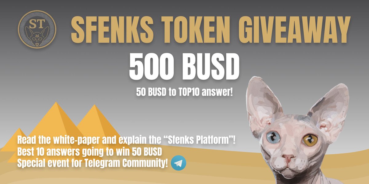 Hi everyone,

Our event with a total award of 500 BUSD has started. Just download the white-paper from our site and explain the "Sfenks Platform". 

See the white-paper on sfenkstoken.com

For the participation form: bit.ly/3NgoNN5

#giveaway #sfenkstoken