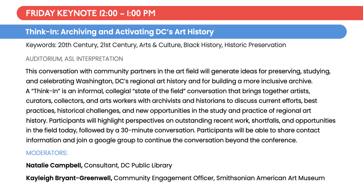 dchistcon's tweet photo. On April 1, join us for "Think-In: Archiving and Activating Local Art History,” a group convo with and for the DMV arts community, with opening remarks by Dr. Melanee Harvey, moderated by Natalie Campbell of 
@dcpl and Kayleigh Bryant-Greenwell @KayleighBinDC  / @americanart. https://t.co/DJS4uzd5BC