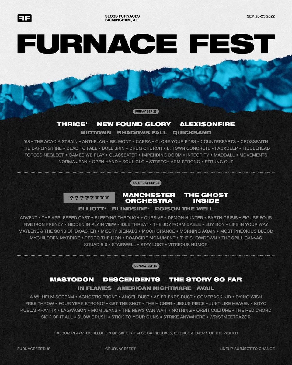 The Furnace Fest daily lineups are here! We'll be playing on Friday as part of an absolutely incredible lineup including the newly announced Thrice, Midtown, Glasseater, and Madball! Check furnacefest.us for tickets.