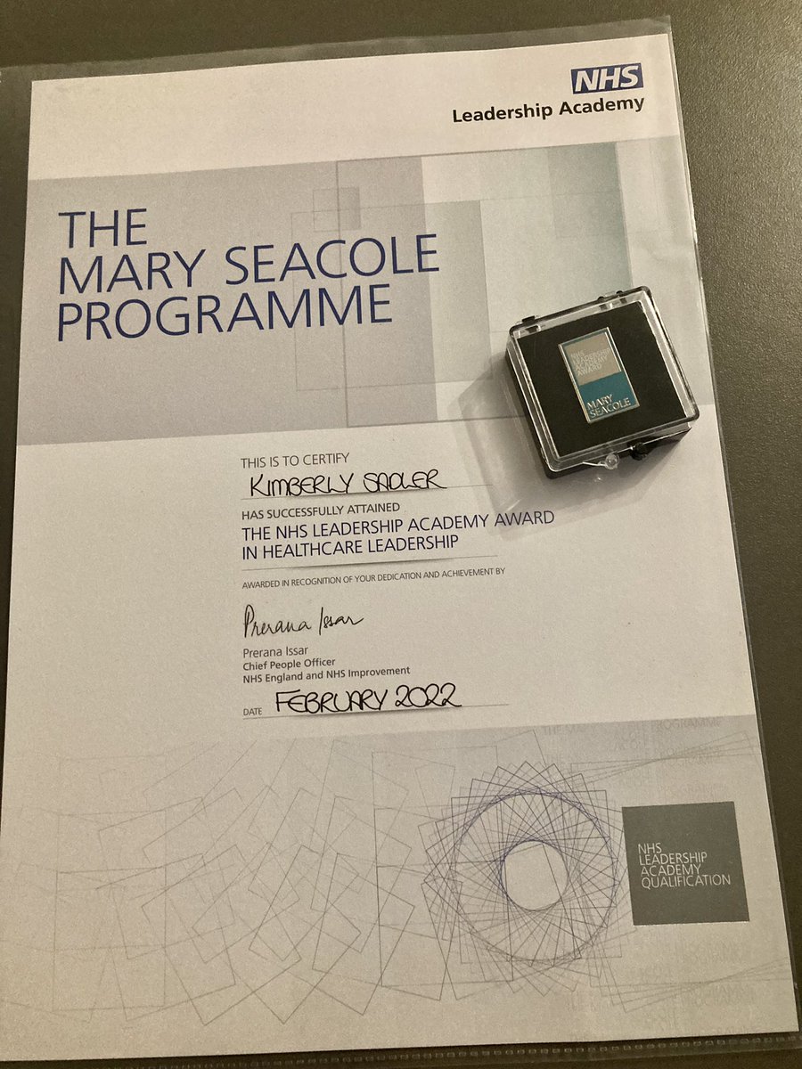 🥳 Today I received my well earned certificate and badge for completing the Mary Seacole program within <a href="/JoinedUpCare/">Joined Up Care Derbyshire</a> ! A lovely socially distanced Nosecco and cake reception with fellow graduates <a href="/helenlou2/">Helen Cooke</a> , the <a href="/royalhospital/">Chesterfield Royal Hospital NHS FT</a> executives and the Mary Seacole facilitators! 🥂🎂
