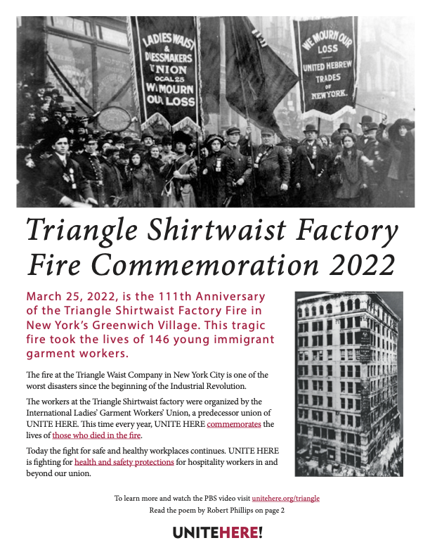 heyadiana's tweet photo. UNITE HERE has a "Triangle Shirtwaist Fire Committee" that leads a commemoration (in-person pre-COVID) every year to honor the #Triangle146 that died in the fire 111 years ago. Here's the leaflet they made for this year that includes a beautiful poem. https://t.co/8EUlzafpFi