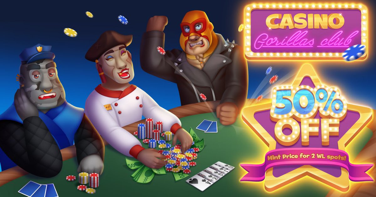 CasinoGorillas's tweet photo. 🎁BIGGEST GIVEAWAY🎁
50% OFF Mint Price for  2 WL spots! 🤯 

To enter 👇
✅Follow 
@CasinoGorillas

✅Like &amp; RT ❤️
✅Join the discord! https://t.co/uoEAAik6bj

#NFTGiveaway #NFTs #NFT  #CasinoGorillasClub #Ethereum #NFTCommunity #NFTGiveaway #nftart https://t.co/t5h76eFOAG