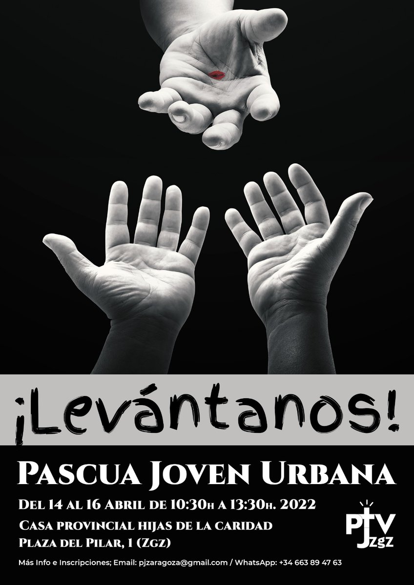 ¡Levántanos!
Os presentamos nuestra Pascua Joven Urbana, del 14 al 16 de abril vive la semana Santa de una forma diferente.
Toda la info en el cartel
#PascuaJovenUrbanaPJVZgz #PJVZgz #LeVáNTaNoS