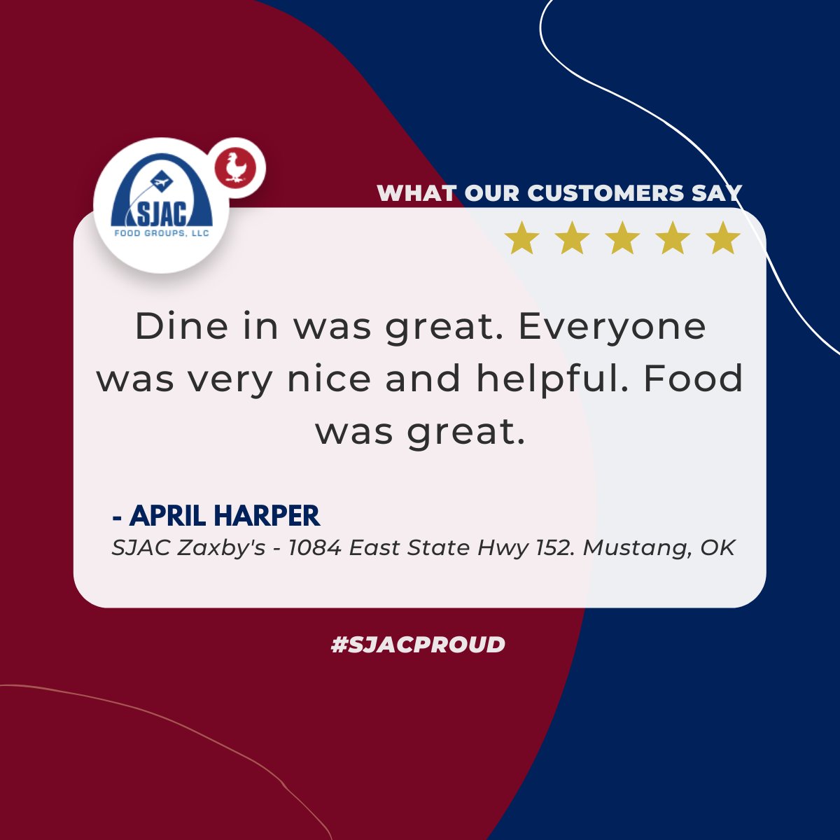 SJACFoodGroups's tweet photo. Thank you for the feedback, April! We are glad you enjoyed your visit to our Mustang, OK Zaxby's. Come see us again soon! https://t.co/y39Zl4BfM0