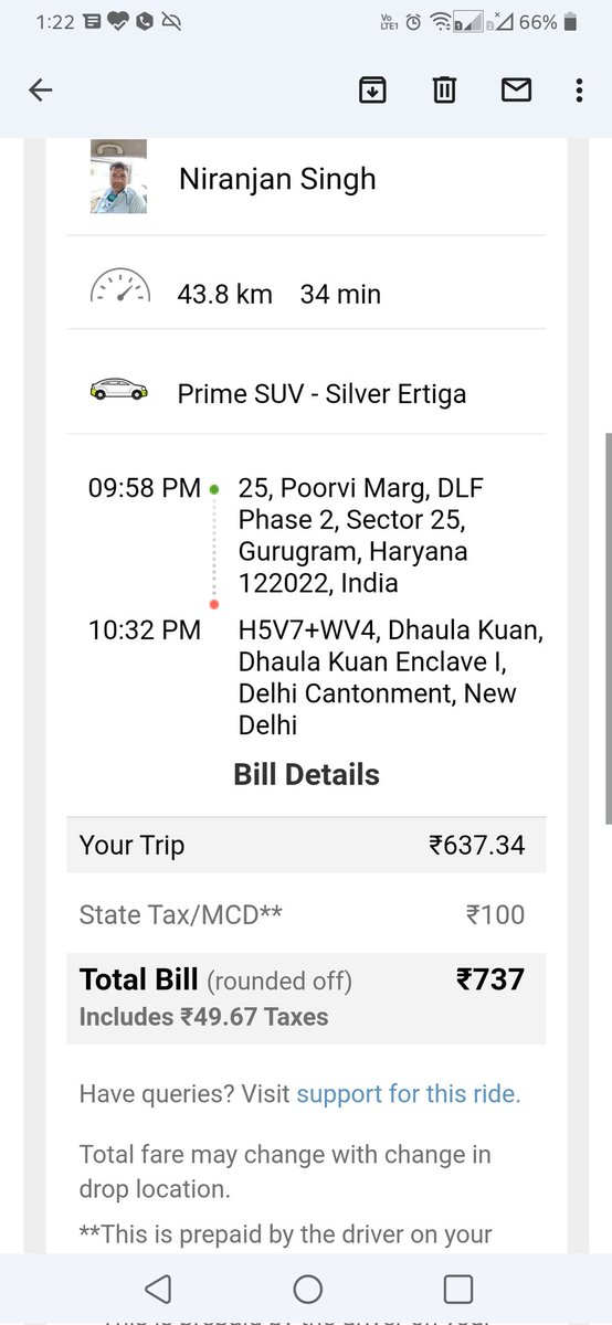 bindassladka's tweet photo. Best Part is, completed 44km of journey during peak time in just 33mins.

1 Pic:- Charged the same amount from pickup to destination 44Km in 33mins

2 Pic:- When actual invoice issued, from Gurgaon to Dhuala Kuan, booked me same km instead the journey which got completed https://t.co/FSwC66D1Dn
