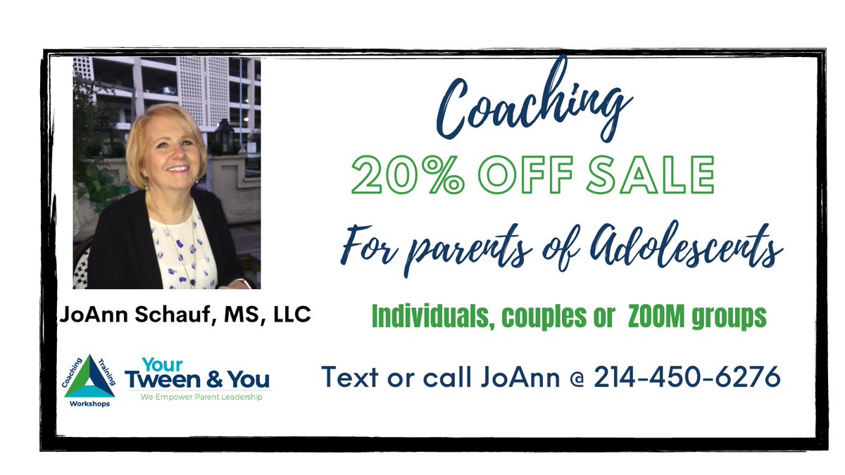 YourTweenAndYou's tweet photo. JoAnn Schauf https://t.co/CvXpXfCDJw
@YourTweenAndYou
Having conflicts with your tween? Getting one-word answers? Are they constantly hanging out in their room on their phone? I can help you boost your parenting skills so you connect well with your remarkable child. https://t.co/T9KHiq8Jka