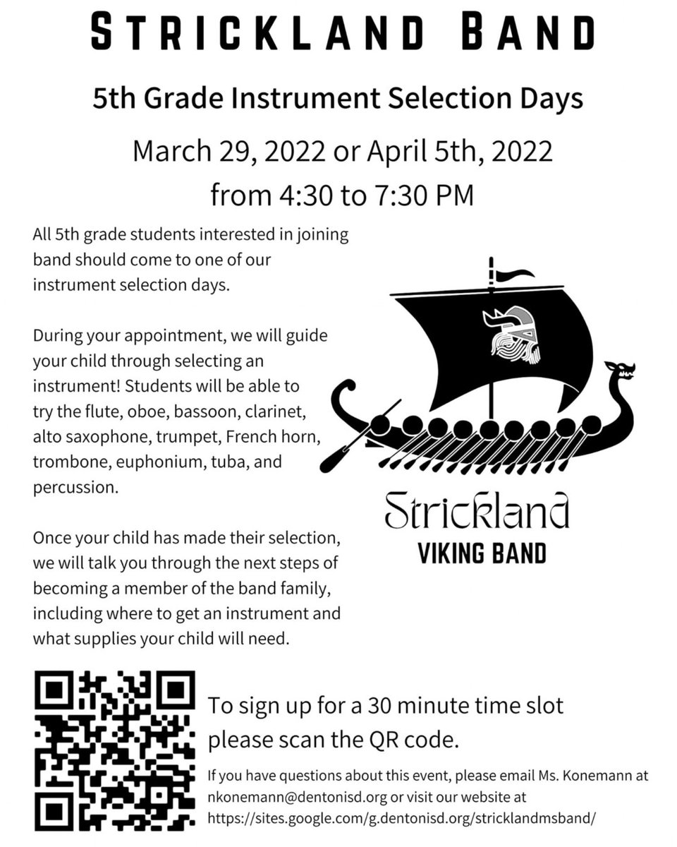 5th Grade Instrument Selection:  

Future Strickland 6th graders who are interested in band next year, see the attached information about scheduling a time slot to pick out an instrument on either March 29th or April 5th.

We look forward to meeting you.