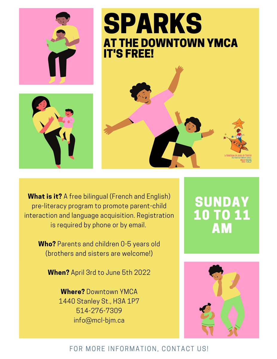 MCLBJM's tweet photo. Looking for an activity in which you can participate with your children 0-5 years old? Join us on Sundays from 10 to 11am downtown to enjoy a morning filled with song, stories, and games! Our spring season Sparks session will be from April 3rd to June 5th. Registration required. https://t.co/MayMIcFMIZ