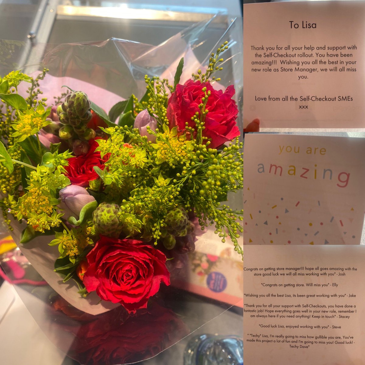 My last day on the self-service team, Being apart of this project has been fantastic, the team I have worked with are doing such an amazing job , and I will miss you all a lot! Thank you for my beautiful card and flowers <a href="/newson_stacey/">Stacey Newson</a> Dave,Elly, josh, Steve &amp; Jake, 💖🌺