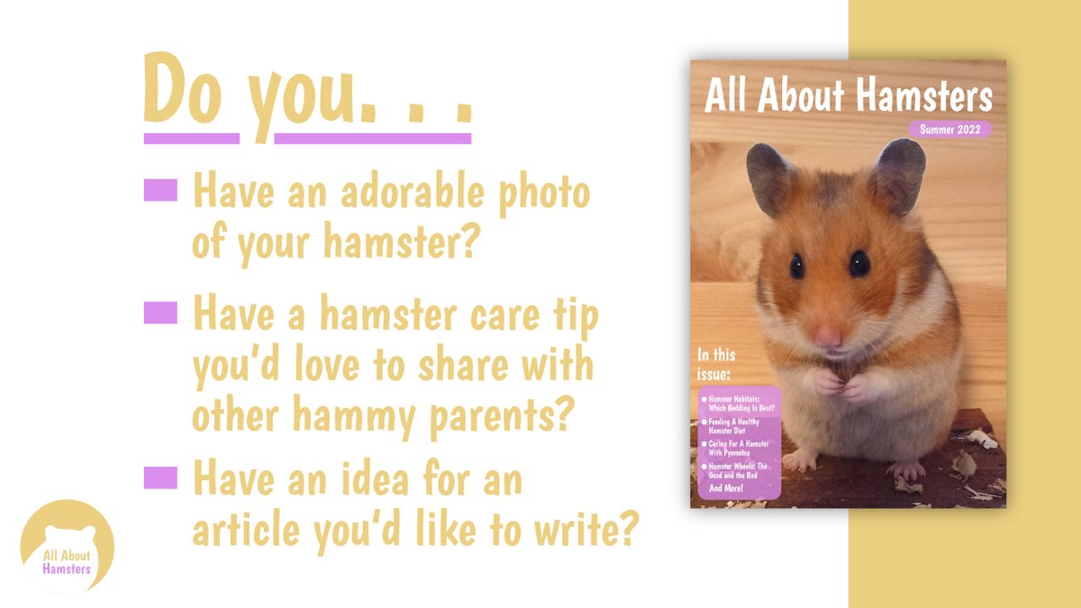 hamstersmag's tweet photo. Have a hamster story to tell, an idea for an article, a tip you'd like to share, or some adorable hammy photos? We'd love to hear from you! Check out our website to find out more about how you can contribute to All About Hamsters! #hamsters #syrianhamster #dwarfhamster https://t.co/apyefXPEyE