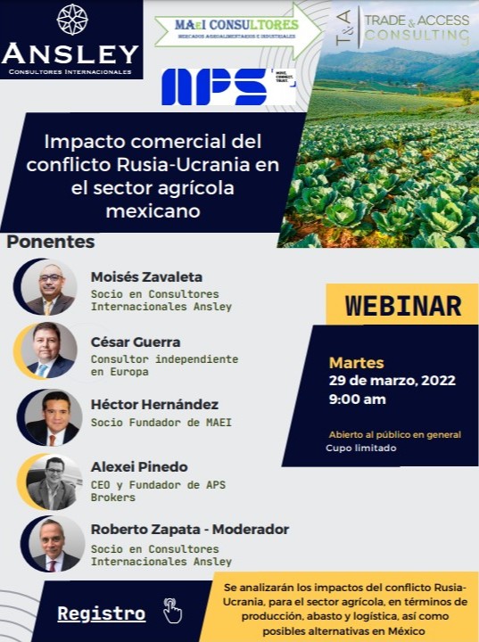 Los invitamos al #webinar: "Impacto comercial del conflicto Rusia - Ucrania en el sector agrícola mexicano".  Recuerden que el cupo es limitado:
ow.ly/P8aj50IsHSc