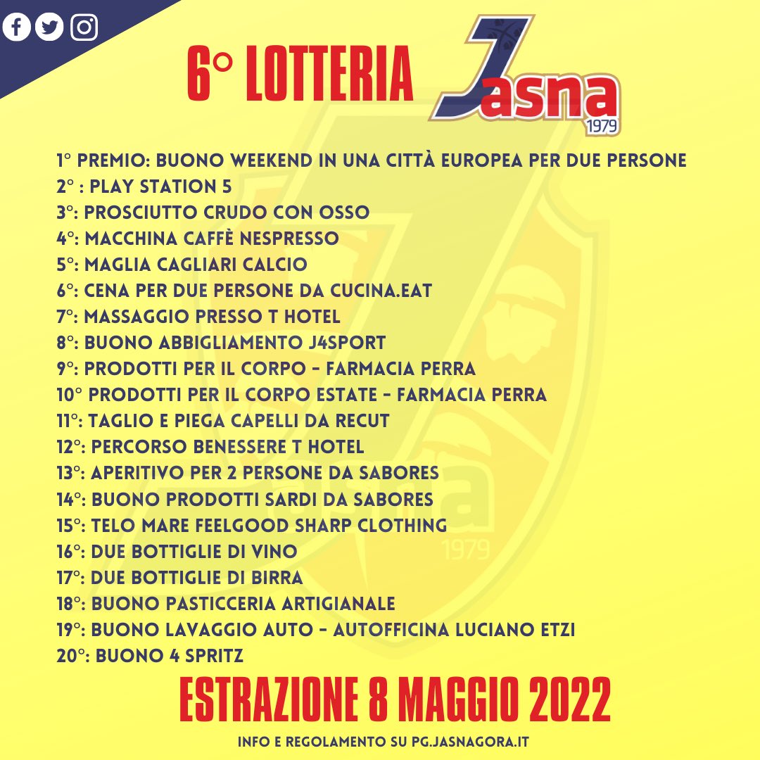 JasnaC5's tweet photo. La Lotteria Jasna è tornata 🤩

Vuoi partecipare e provare a vincere un 🛫 viaggio o la 🎮 PlayStation 5? 

🏆 Ecco i 20 stupendi premi in palio grazie ai nostri sponsor: https://t.co/JDSpm7FQjM