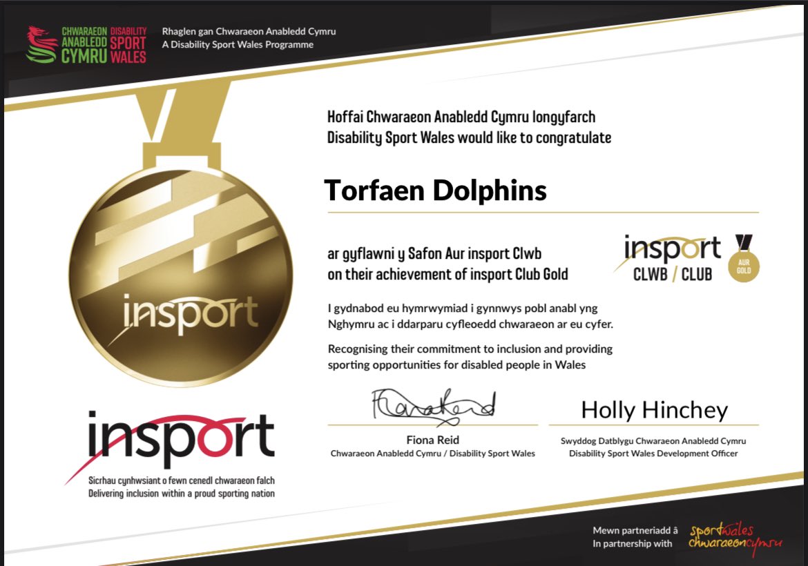 Congratulations <a href="/TorfaenDolphins/">Torfaen Dolphins</a> Wales’s 1st Swimming Club to achieve the Gold 🥇insport standard. We are unbelievably proud of you and all the work you do to promote inclusive swimming opportunities. Well done 👏🏻