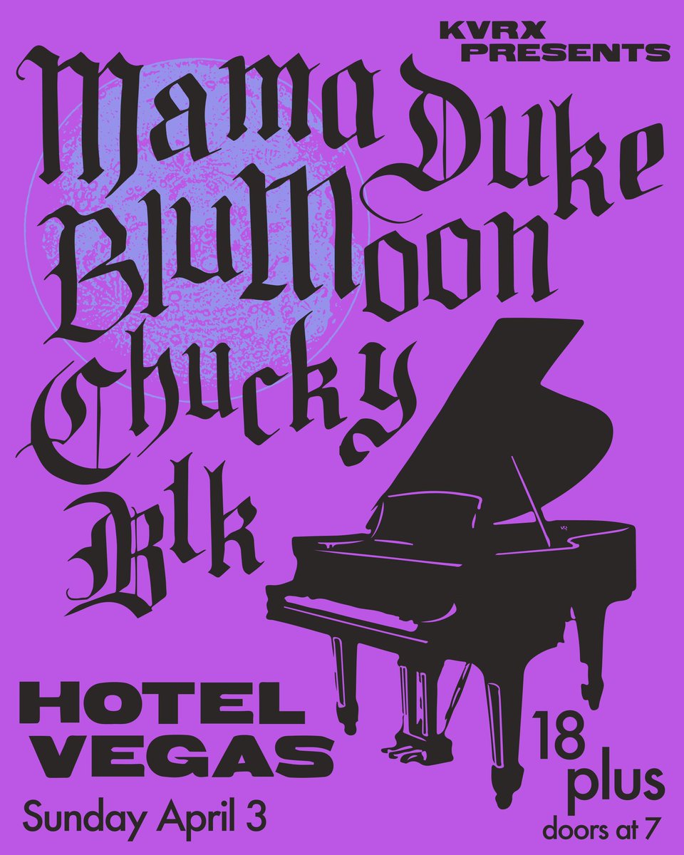 KVRX 91.7FM (@kvrx) on Twitter photo Catch Austin artists <a href="/MamaDukeTV/">Mama Duke</a>, <a href="/chuckyblk/">ChuckyBlk</a>, and <a href="/BluMoontx/">BluMoon</a> for a night of hip hop, rap, and soul on Sunday April 3rd at our <a href="/HotelVegasATX/">HOTEL VEGAS</a> showcase! 
Tickets will only be sold at door for $10. Doors open @ 7. RSVP here: facebook.com/events/s/kvrx-… 
See you there! Catch Austin artists <a href="/MamaDukeTV/">Mama Duke</a>, <a href="/chuckyblk/">ChuckyBlk</a>, and <a href="/BluMoontx/">BluMoon</a> for a night of hip hop, rap, and soul on Sunday April 3rd at our <a href="/HotelVegasATX/">HOTEL VEGAS</a> showcase! 
Tickets will only be sold at door for $10. Doors open @ 7. RSVP here: facebook.com/events/s/kvrx-… 
See you there!
