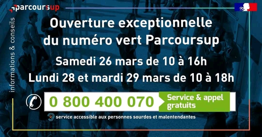 APELpuydedome's tweet photo. ICF@Apel63 #ORIENTATION 
📣 Ils vous accompagnent !
N° vert #Parcoursup 0 800 400 070
➡️ samedi 26 mars de 10h à 16h
➡️ lundi 28 et mardi 29 mars de 10h à 18h
📞 N'hésitez pas à interroger les équipes sur votre dossier ou la formulation de vos vœux.
@Apelnationale @acclermont https://t.co/RpSM26DQlI