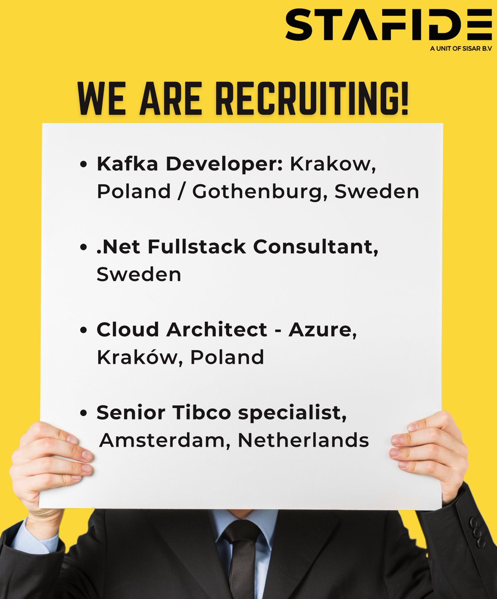 stafide's tweet image. 1. Kafka developer-
Krakow, Poland/ Gothenburg, Sweden
jobs.stafide.nl/jobs/Careers/5…
2. Dot Net Fullstack-consultant, Sweden
jobs.stafide.nl/jobs/Careers/5…
#kafka #dotnetdeveloper #dotnetfullstackdeveloper #cloudarchitect #azurecloud #azurecloudengineer #cloudarchitect #tibco