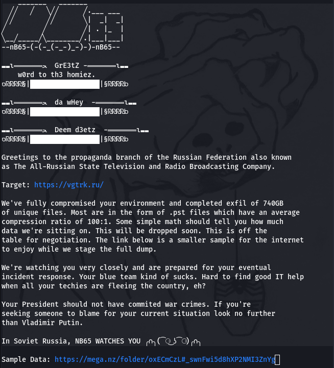 The All-Russian State Television and Radio Broadcasting Company (VGTRK), propaganda branch of the Russian Federation can fuck themselves. 

@Telecomix is going to have some fun parsing through this. #datalove <a href="/YourAnonNews/">Anonymous</a> <a href="/ITarmyUA/">IT Army of Ukraine</a> Glory to Ukraine! Full dump will be ready soon.