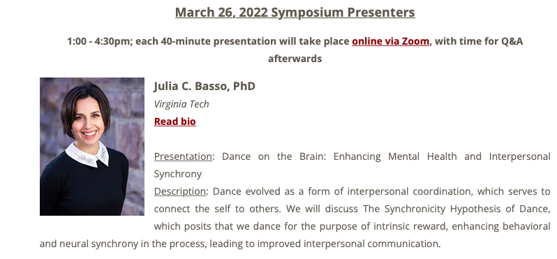 Dr. Julia Basso is presenting tomorrow at the 2022 Dance Science Symposium. Join her for an afternoon on the neuroscience of dance.
umass.edu/music/dance-sc…