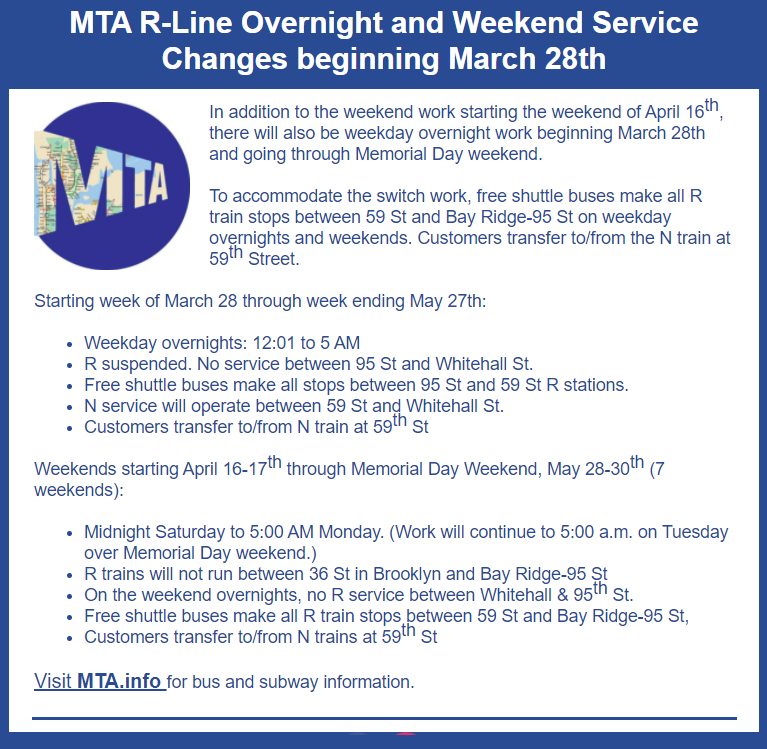 JustinBrannan's tweet photo. HEADS UP fellow R train riders... Overnight and weekend service changes are coming #BayRidge #SunsetPark @alexaforcouncil @NYCCouncil38 https://t.co/byNlMPyalI