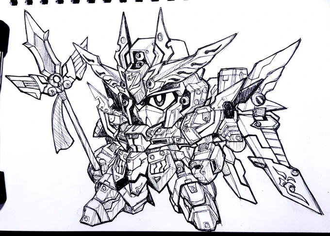 #sirenの落書き帳
#閃光の魔封帝
「この翼にかけて、天宮に希望の光を取り戻す!」

武者燐斗諷流舞(むしゃリントヴルム)!
鎧と盾を破壊された破風精太が新装備と共に改名した姿。その推進系や武装は武威壱(ブイワン)により開発中だった鉄機のパーツが流用され、新型鉄機にも勝る機動性と攻撃力を得る 